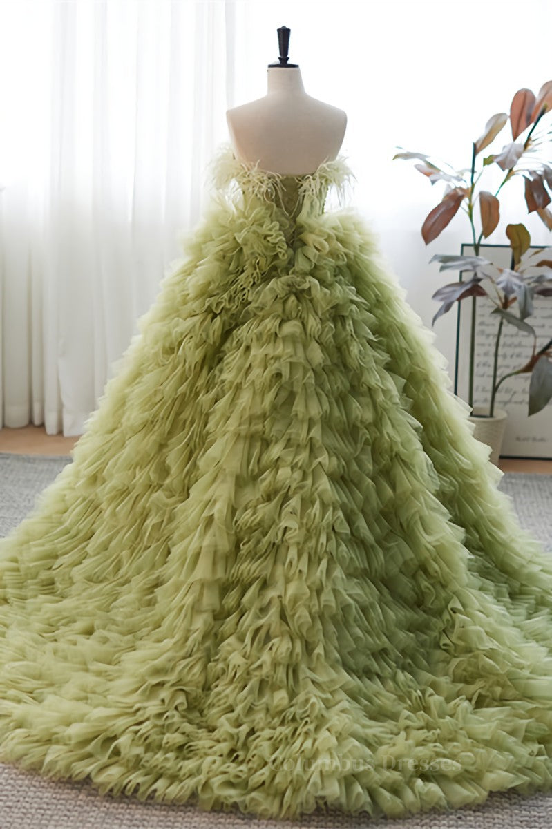 Party Dress Size 47, Dusty Sage Strapless A-line Multi-Layers Long Prom Dress with Feathers Main image