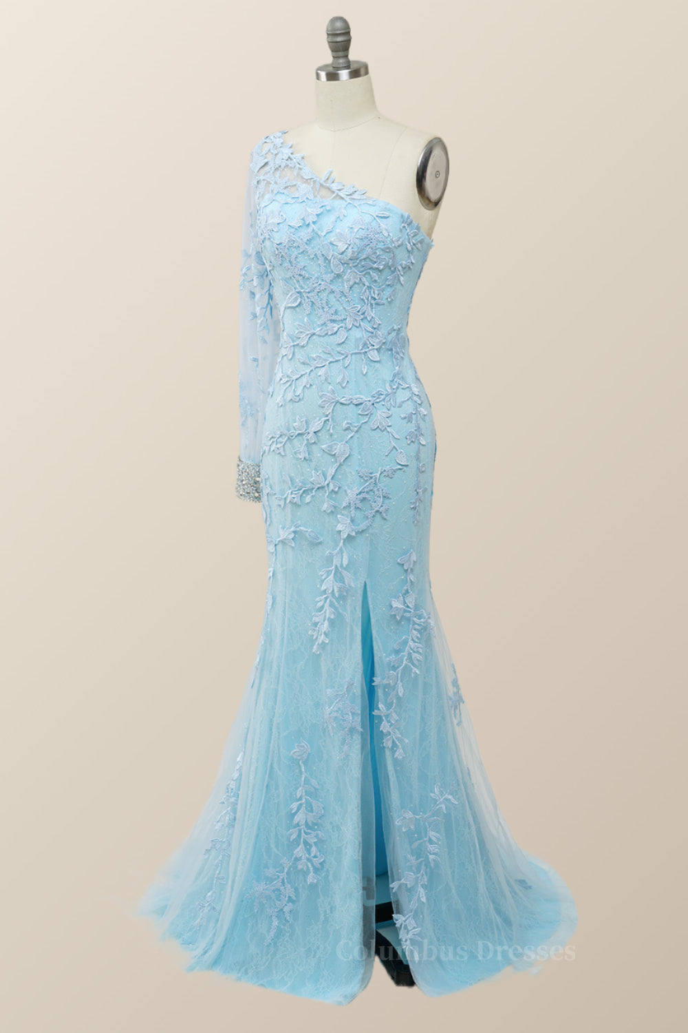 Elegant One Sleeve Light Blue Lace Mermaid Long Formal Dress Secondary image