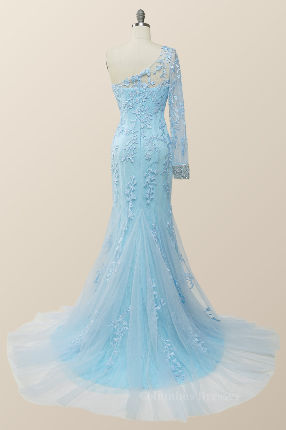 Prom Dresses 2058 Long Sleeve, Elegant One Sleeve Light Blue Lace Mermaid Long Formal Dress Main image