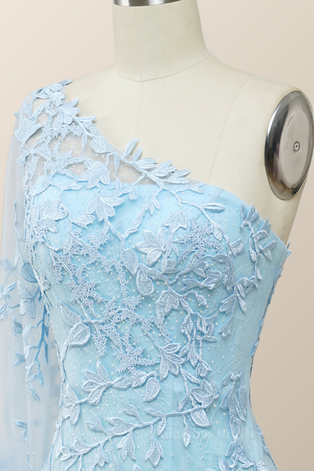 Prom Dress Blue Lace, Elegant One Sleeve Light Blue Lace Mermaid Long Formal Dress