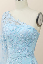 Prom Dress Blue Lace, Elegant One Sleeve Light Blue Lace Mermaid Long Formal Dress