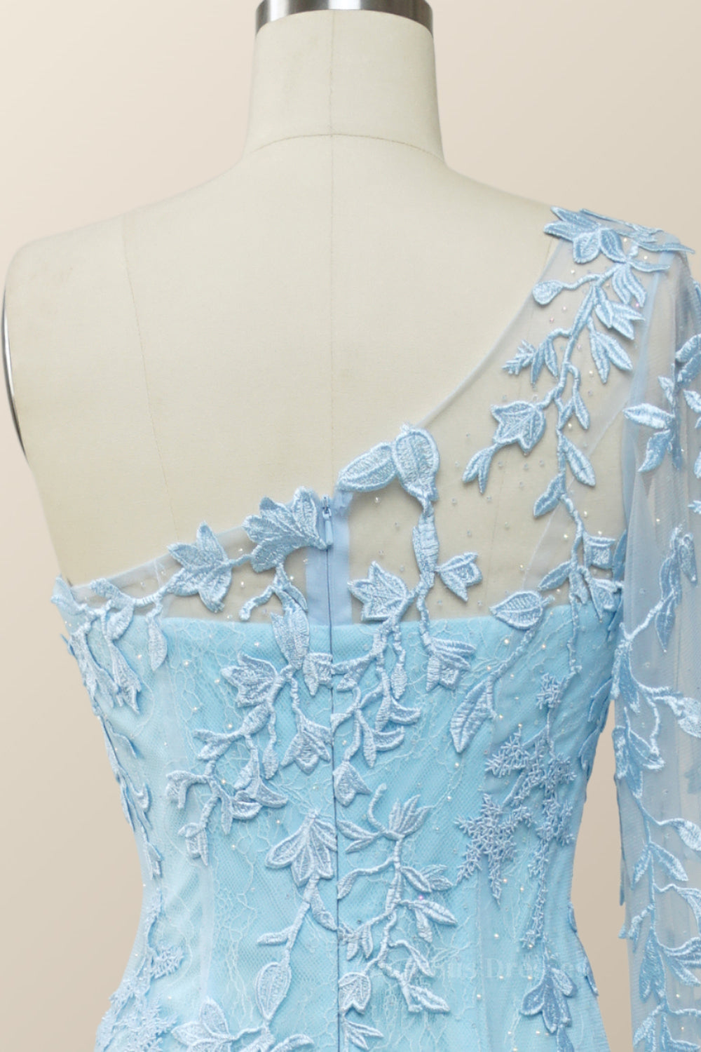 Prom Dresses Light Blue, Elegant One Sleeve Light Blue Lace Mermaid Long Formal Dress