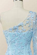 Prom Dresses Light Blue, Elegant One Sleeve Light Blue Lace Mermaid Long Formal Dress