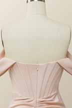 Prom Dresses Two Piece, Elegant Pink Off the Shoulder Mermaid Long Formal Gown