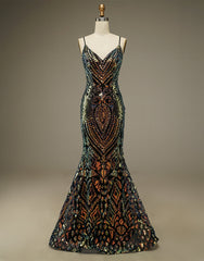 Bridesmaid Dresses Long Sleeves, Mermaid Glitter Spaghetti Straps V Neck Long Prom Dress