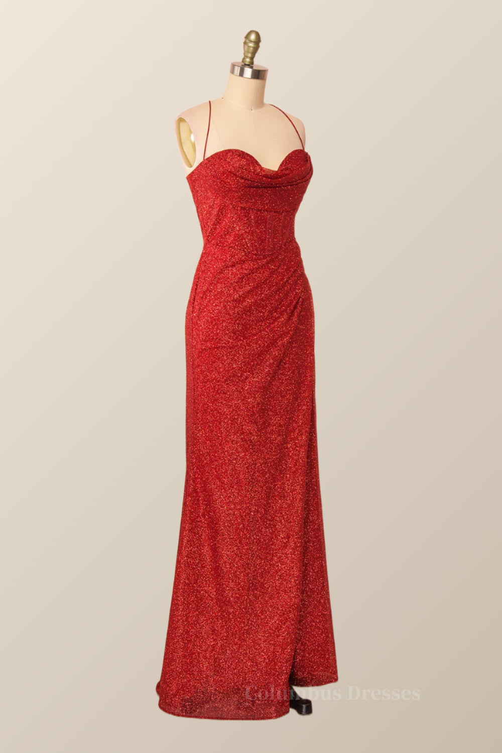 Fitted Red Cowl Neck Long Party Dress with Slit Secondary image