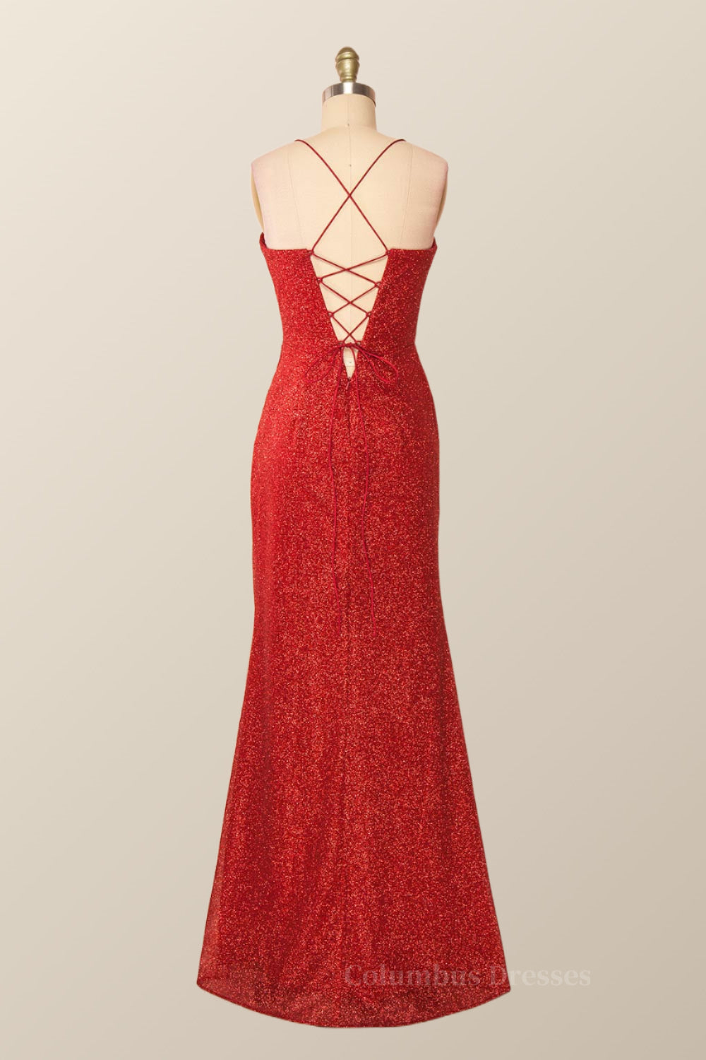 Party Dress In White, Fitted Red Cowl Neck Long Party Dress with Slit Main image