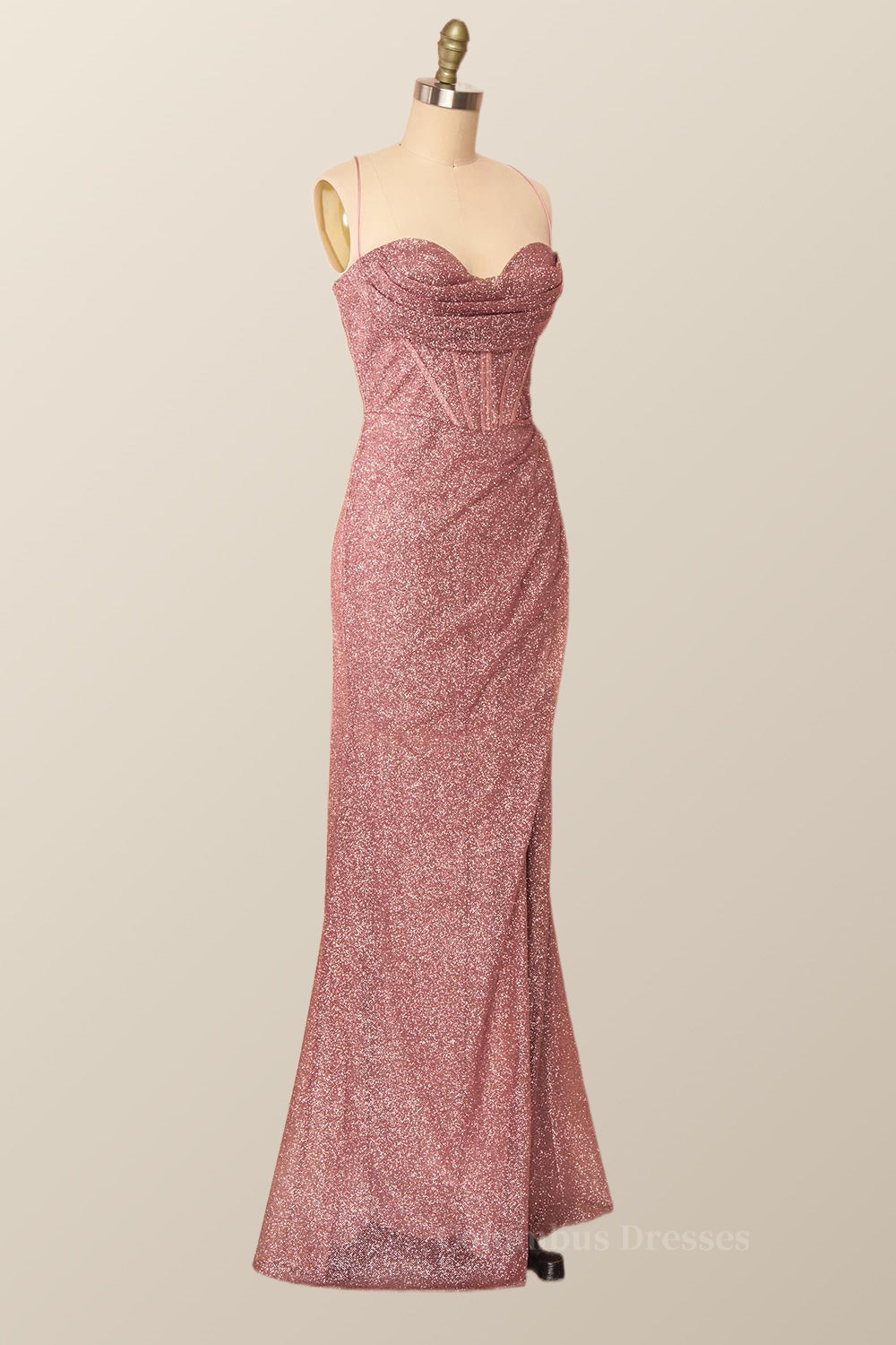 Party Dress Wedding Guest Dress, Fitted Red Cowl Neck Long Party Dress with Slit