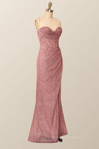 Party Dress Wedding Guest Dress, Fitted Red Cowl Neck Long Party Dress with Slit