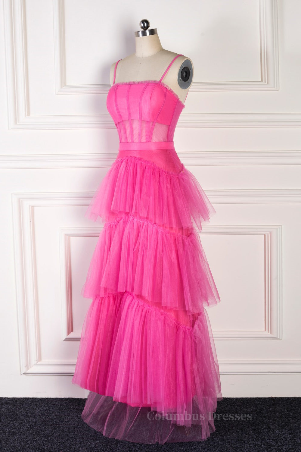Prom Dress Light Blue, Fuchsia A-line Spaghetti Straps boning Sheer Long Prom Dress