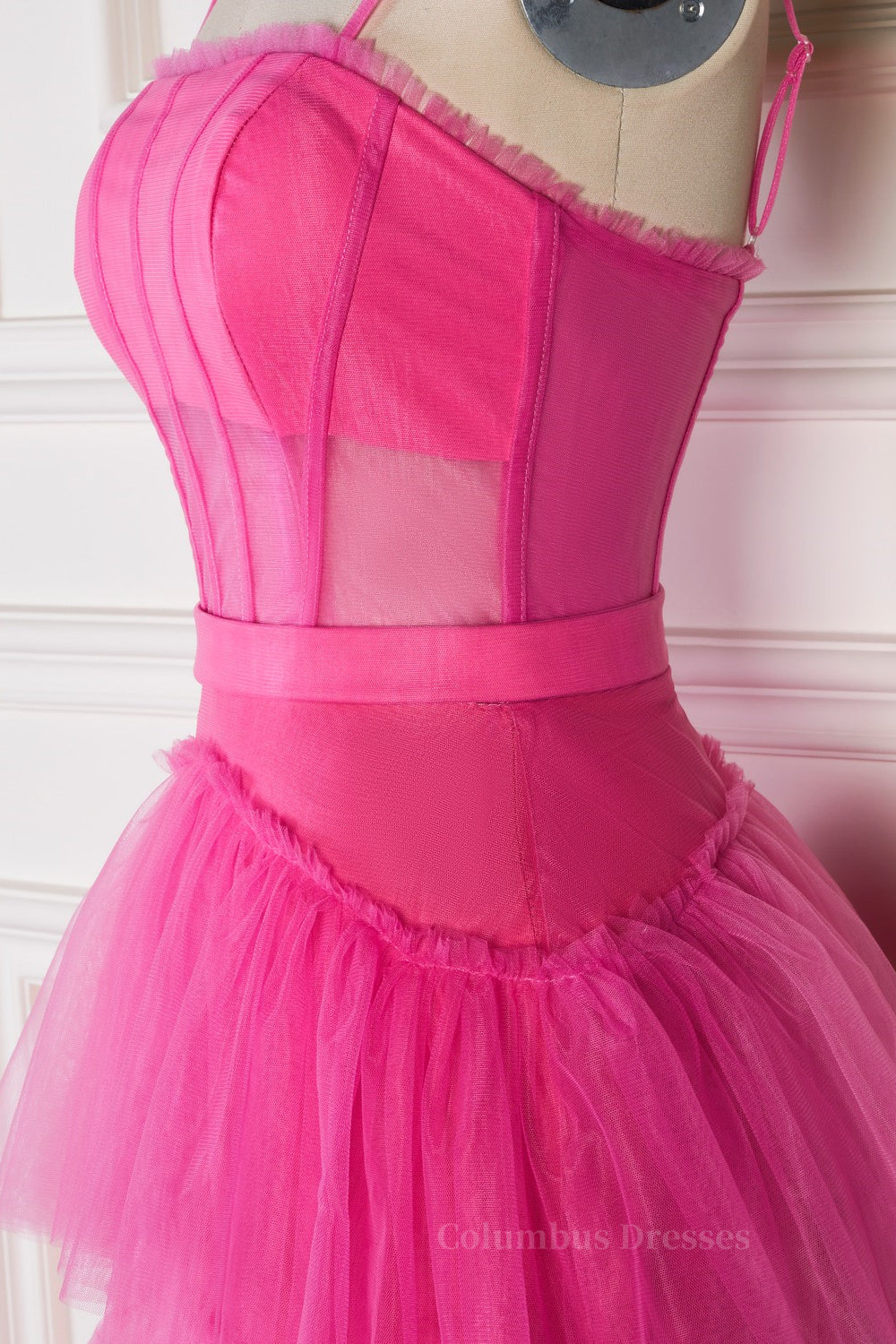 Prom Dresses Blue Light, Fuchsia A-line Spaghetti Straps boning Sheer Long Prom Dress