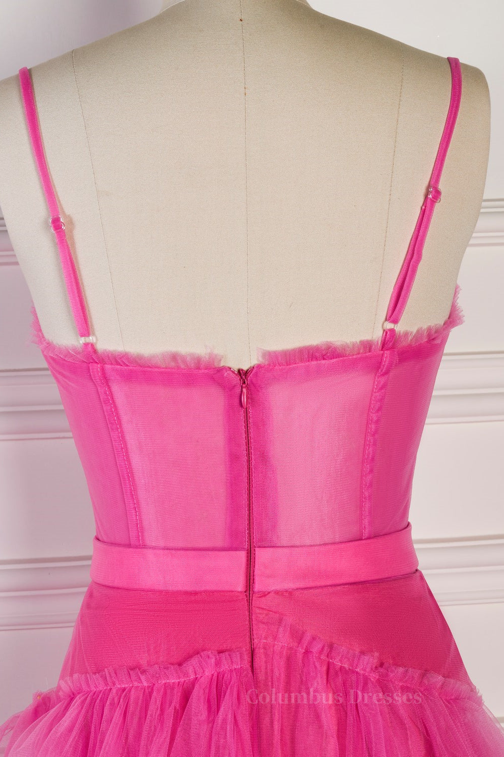 Prom Dress Corset Ball Gown, Fuchsia A-line Spaghetti Straps boning Sheer Long Prom Dress