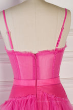Prom Dress Corset Ball Gown, Fuchsia A-line Spaghetti Straps boning Sheer Long Prom Dress
