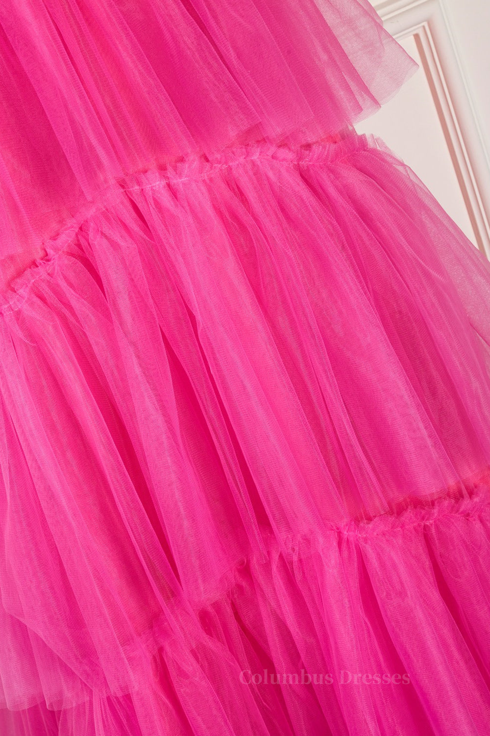 Prom Dress Fairy, Fuchsia A-line Spaghetti Straps boning Sheer Long Prom Dress
