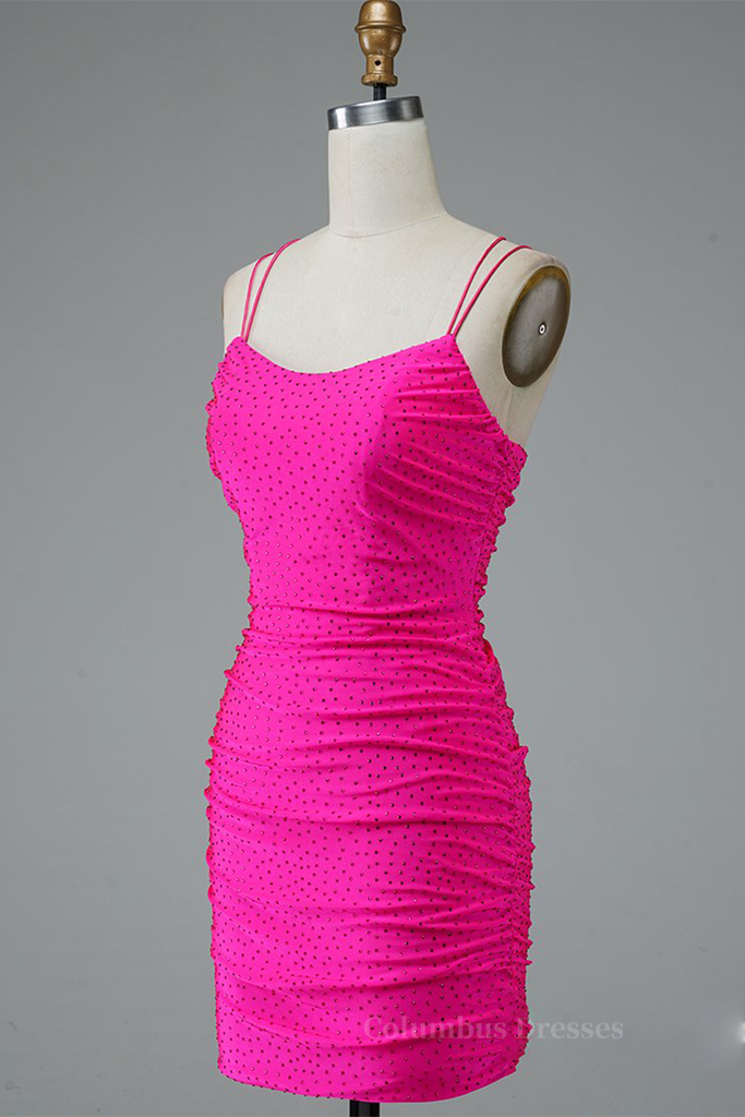 Fuchsia Bodycon Double Spaghetti Straps Sparkly Mini Homecoming Dress Secondary image