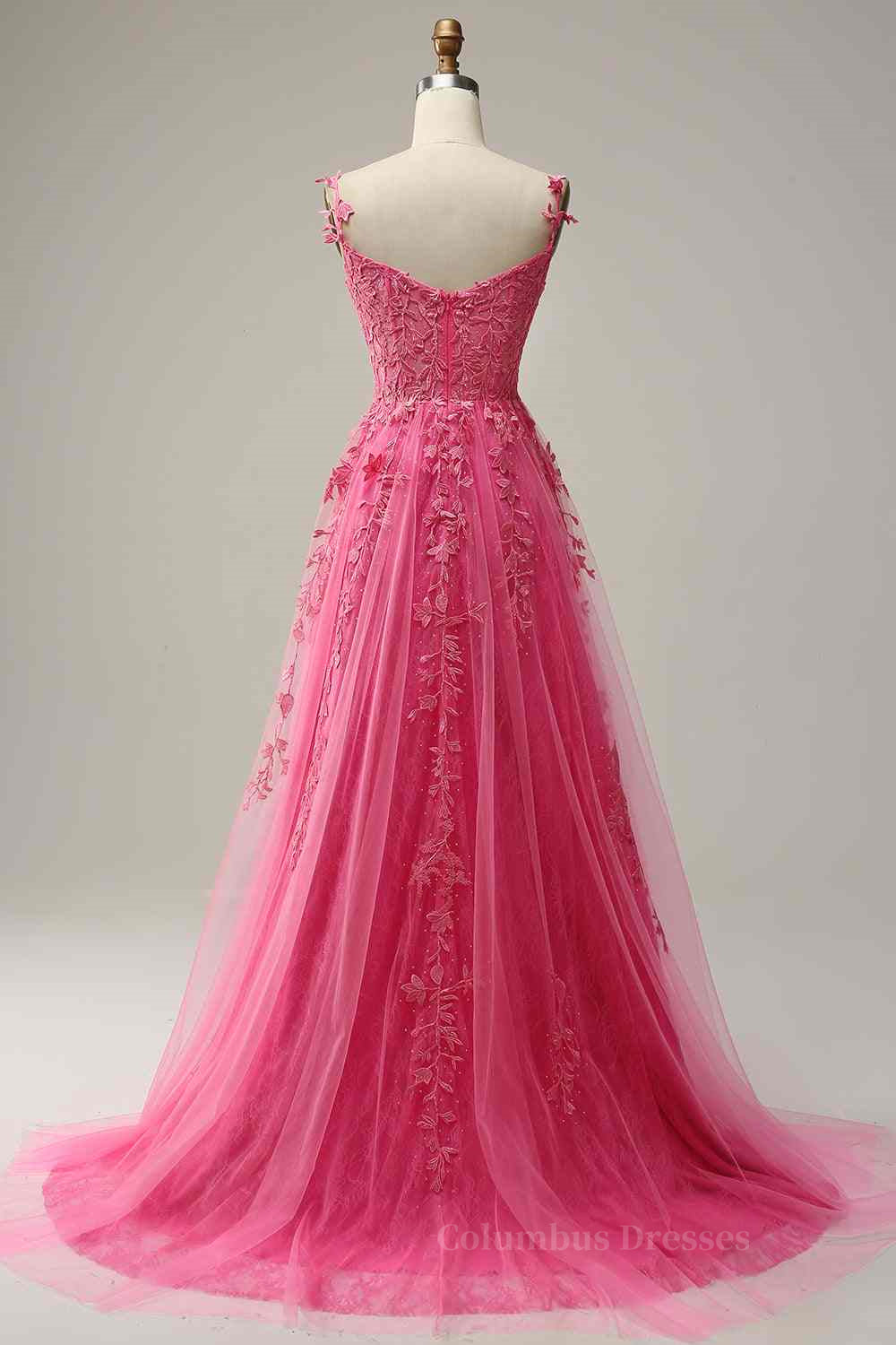 Quince Dress, Fuchsia Dark Navy A-line Spaghetti Straps Tulle Lace Boning Long Prom Dress