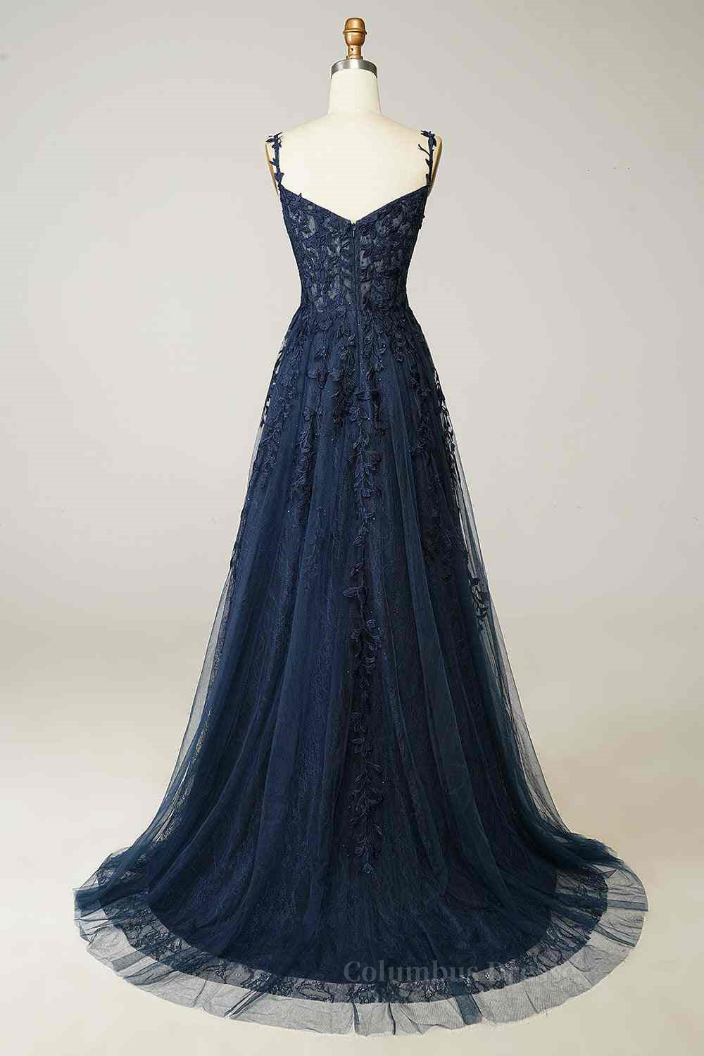 Green Dress, Fuchsia Dark Navy A-line Spaghetti Straps Tulle Lace Boning Long Prom Dress