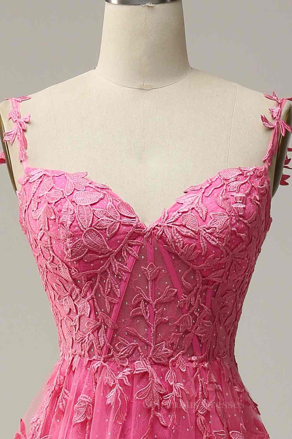 Floral Dress, Fuchsia Dark Navy A-line Spaghetti Straps Tulle Lace Boning Long Prom Dress