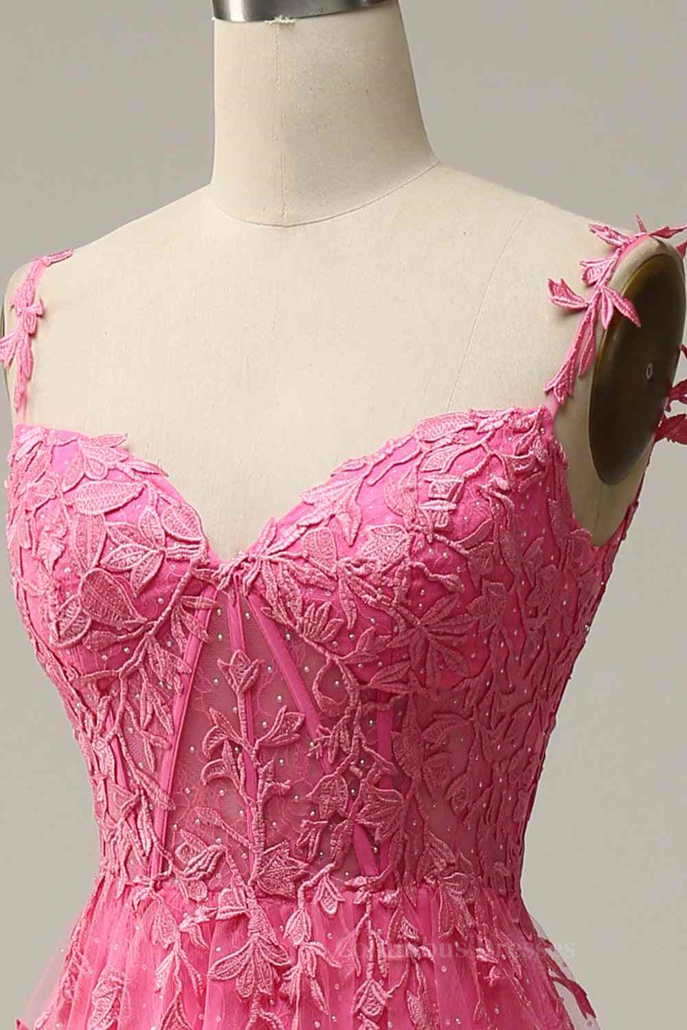 Yellow Prom Dress, Fuchsia Dark Navy A-line Spaghetti Straps Tulle Lace Boning Long Prom Dress