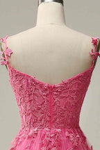 Vintage Prom Dress, Fuchsia Dark Navy A-line Spaghetti Straps Tulle Lace Boning Long Prom Dress