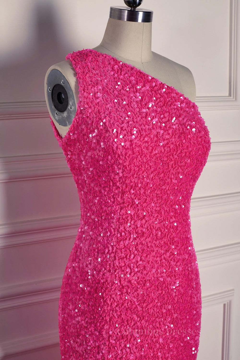 Prom Dress Blush, Fuchsia Mermaid One Shoulder Sparkly Long Formal Dress