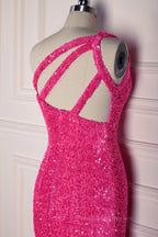 Prom Dresses 2051 Long Sleeve, Fuchsia Mermaid One Shoulder Sparkly Long Formal Dress