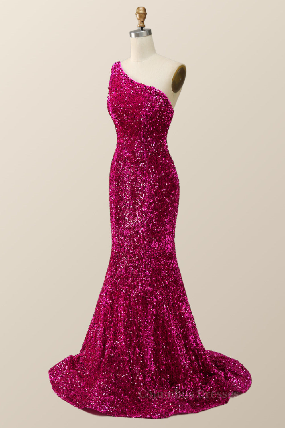 Fuchsia Sequin One Shoulder Mermaid Long Formal Dress Secondary image
