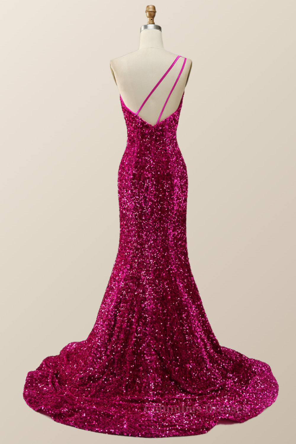 Prom Dresses Outfits Fall Casual, Fuchsia Sequin One Shoulder Mermaid Long Formal Dress Main image