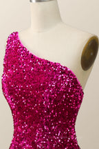 Prom Dresses Long Open Back, Fuchsia Sequin One Shoulder Mermaid Long Formal Dress