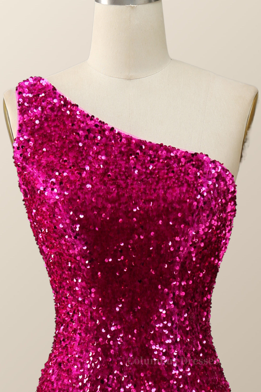 Prom Dress Long Open Back, Fuchsia Sequin One Shoulder Mermaid Long Formal Dress