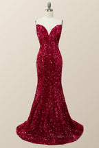 Prom Dresses Sweetheart, Fuchsia Sequin Strapless Mermaid Long Formal Dress