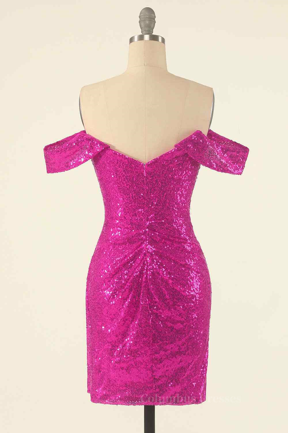 Party Dress Big Size, Fuchsia Sheath Off-the-Shoulder Pleated Sequins Mini Homecoming Dress Main image