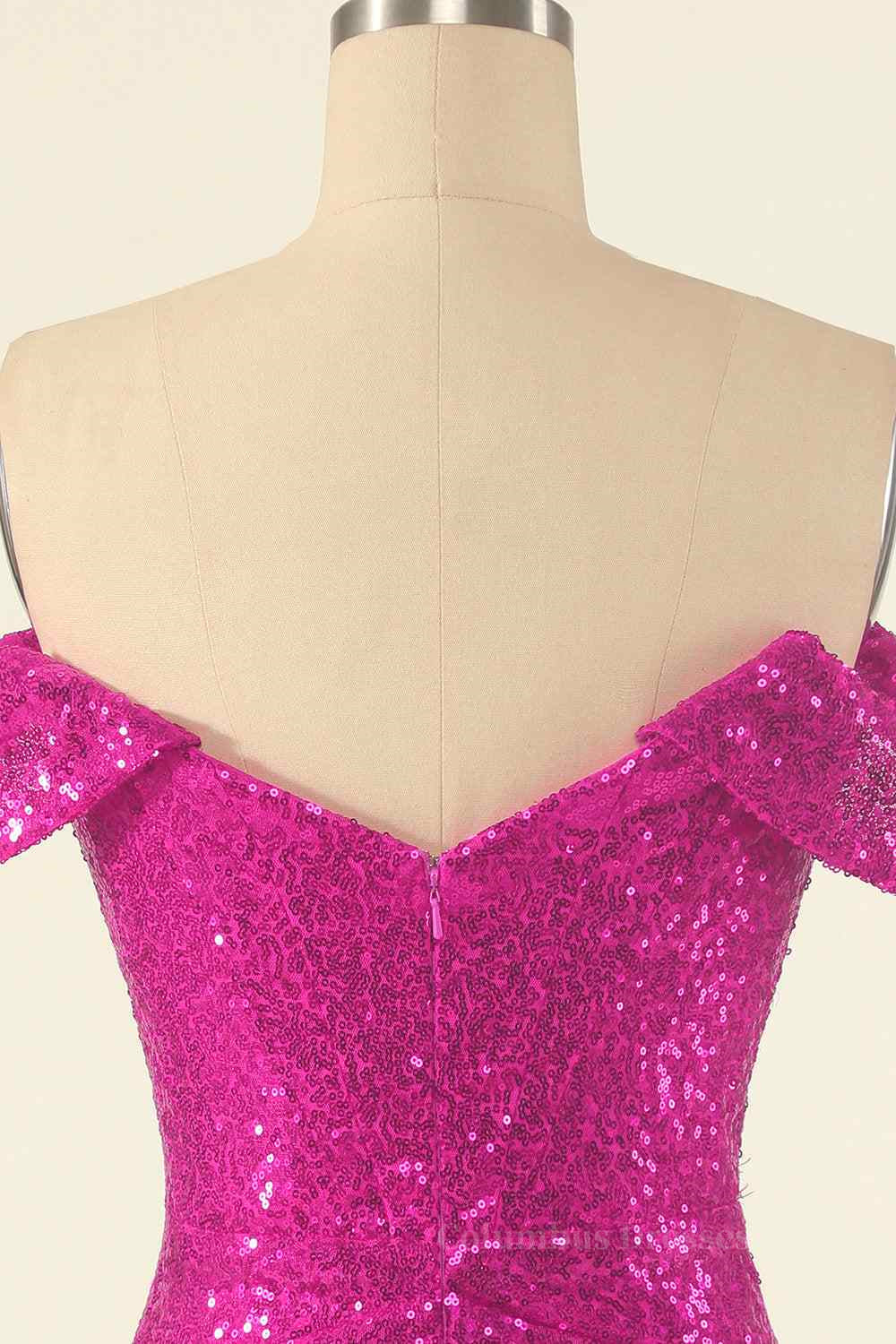 Party Dress Glitter, Fuchsia Sheath Off-the-Shoulder Pleated Sequins Mini Homecoming Dress