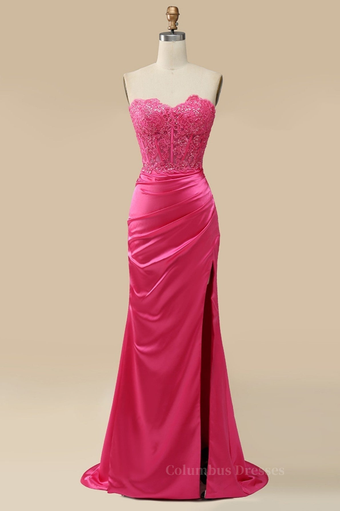 Bridesmaid Dresses Chiffon, Fuchsia Strapless Appliques Mermaid Long Prom Dress with Slit