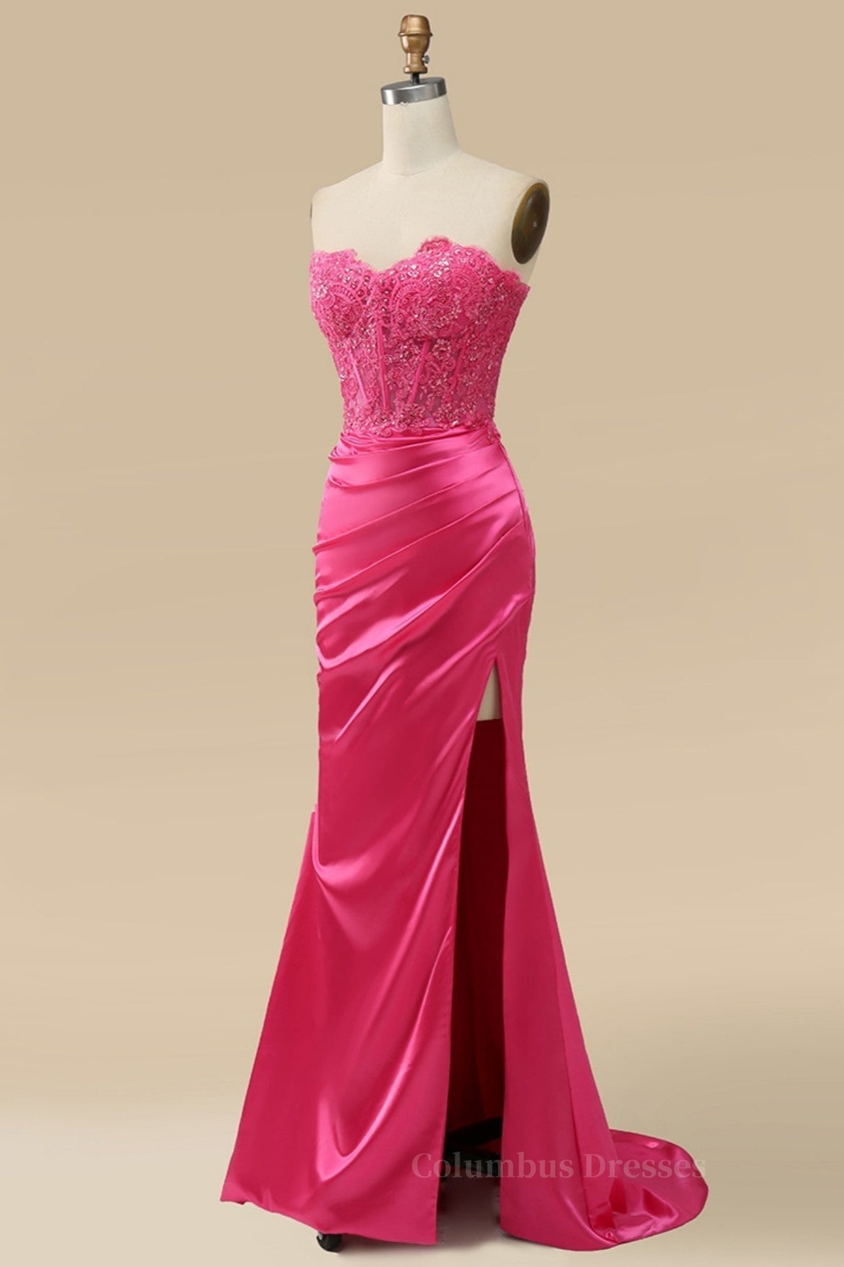 Fuchsia Strapless Appliques Mermaid Long Prom Dress with Slit Secondary image