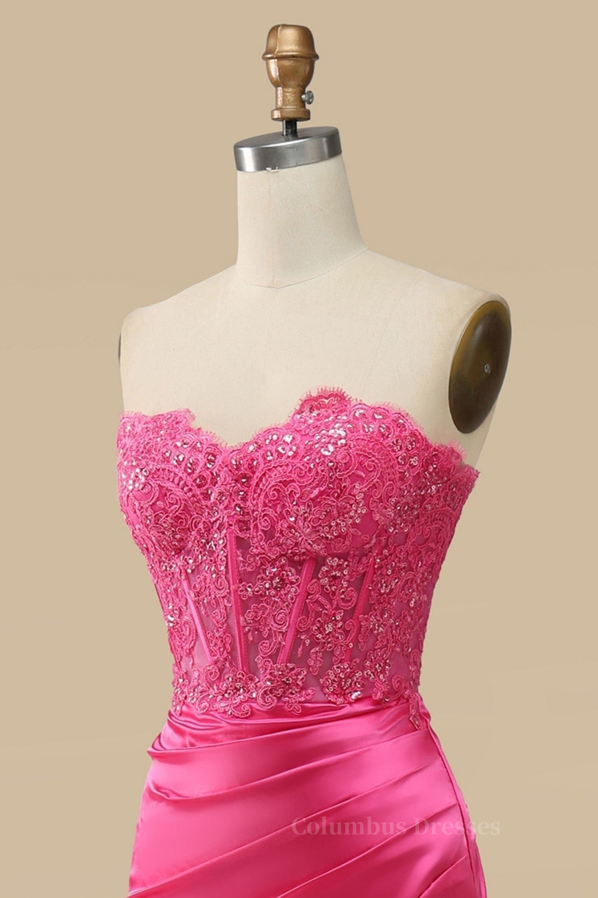 Bridesmaid Dress Green, Fuchsia Strapless Appliques Mermaid Long Prom Dress with Slit