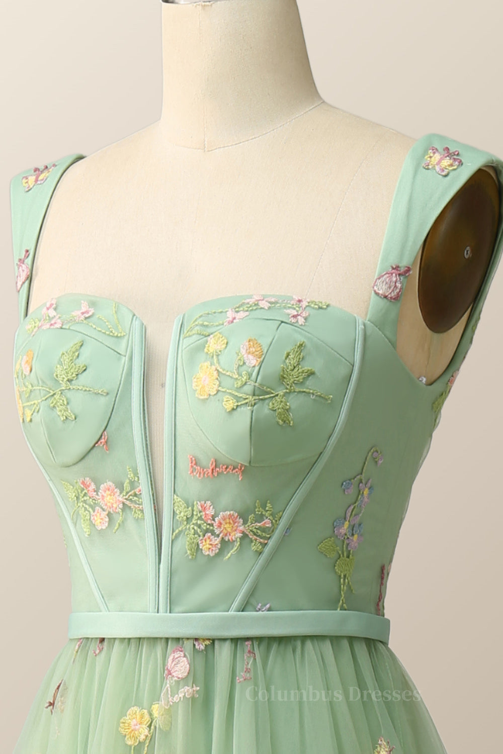 Prom Dresses Pieces, Green Embroidered A-line Midi Dress