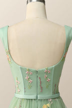 Prom Dresses For Short People, Green Embroidered A-line Midi Dress