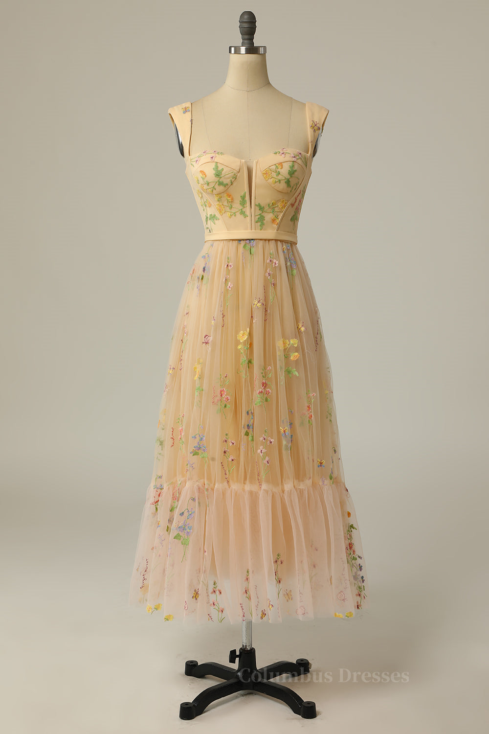 Prom Dresses 2060, Green Embroidered A-line Midi Dress