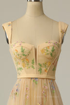 Prom Dress Long Elegant, Green Embroidered A-line Midi Dress