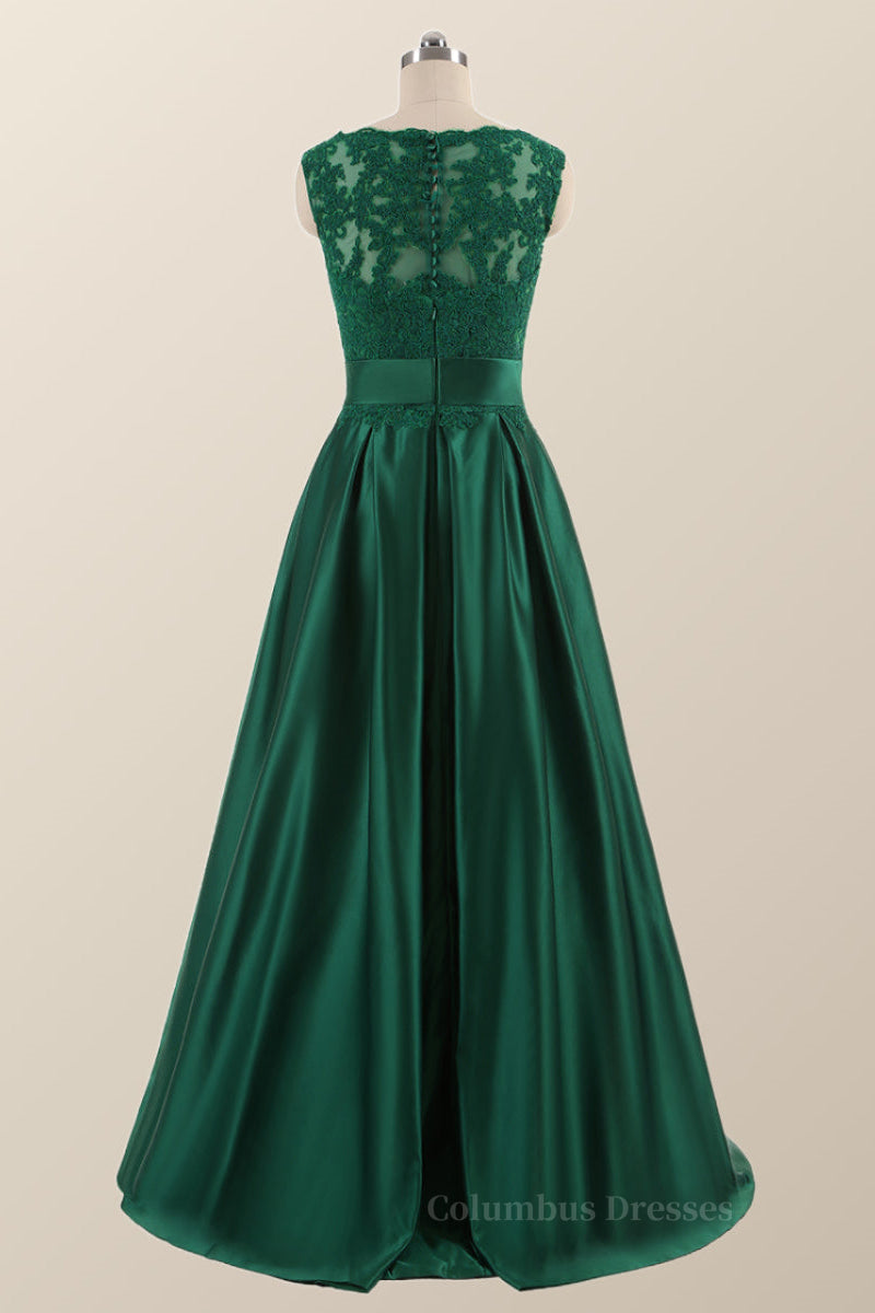 Formal Dresses Long Sleeves, Green Lace and Satin A-line Long Formal Dress Main image