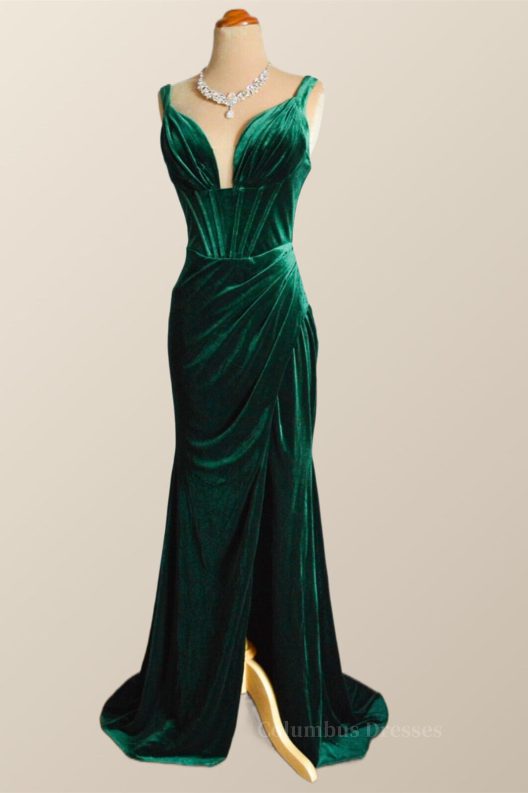 Winter Formal Dress Short, Green Velvet Mermaid Long Formal Dress with Slit Main image