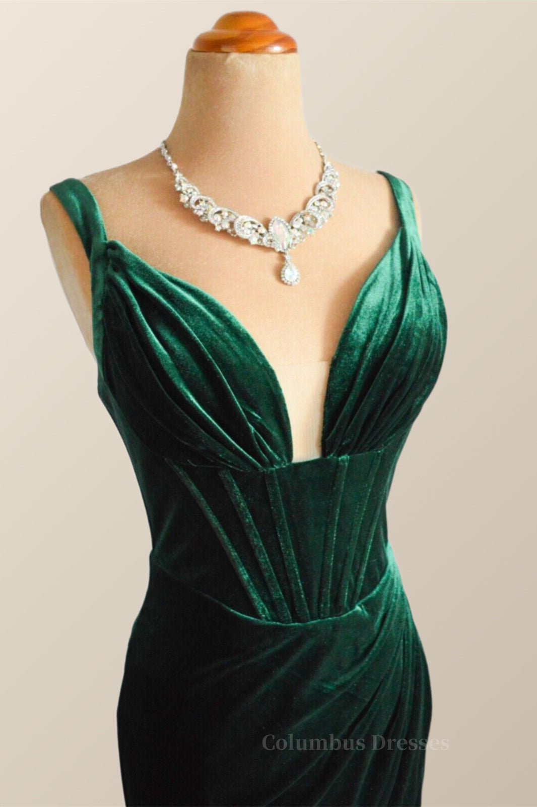 Prom Dress Blue, Green Velvet Mermaid Long Formal Dress with Slit
