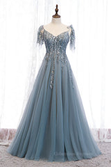 Prom Dress Shopping, Grey A-line Beaded Appliques Bow Tie Sheer Straps Maxi Formal Dress