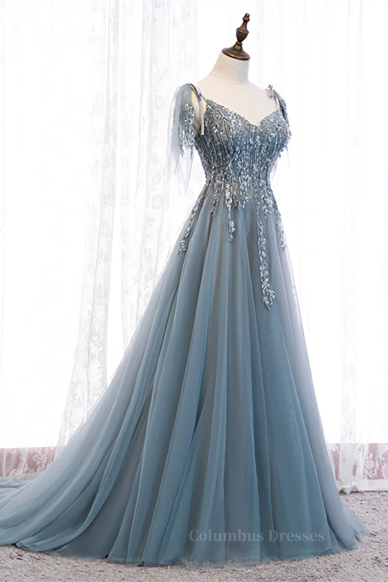 Grey A-line Beaded Appliques Bow Tie Sheer Straps Maxi Formal Dress Secondary image