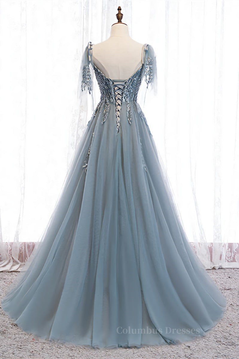 Prom Dress Prom Dress, Grey A-line Beaded Appliques Bow Tie Sheer Straps Maxi Formal Dress Main image
