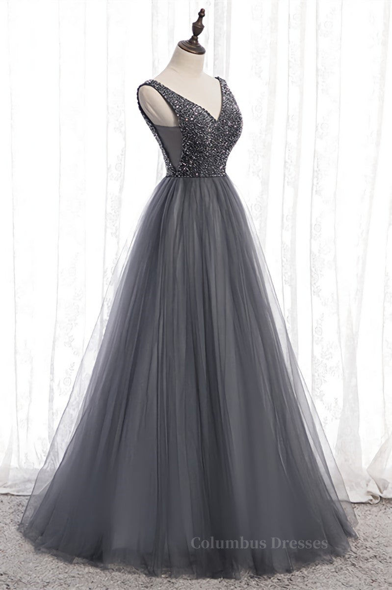 Grey A-line Beaded Top V Neck Tulle Maxi Formal Dress Secondary image