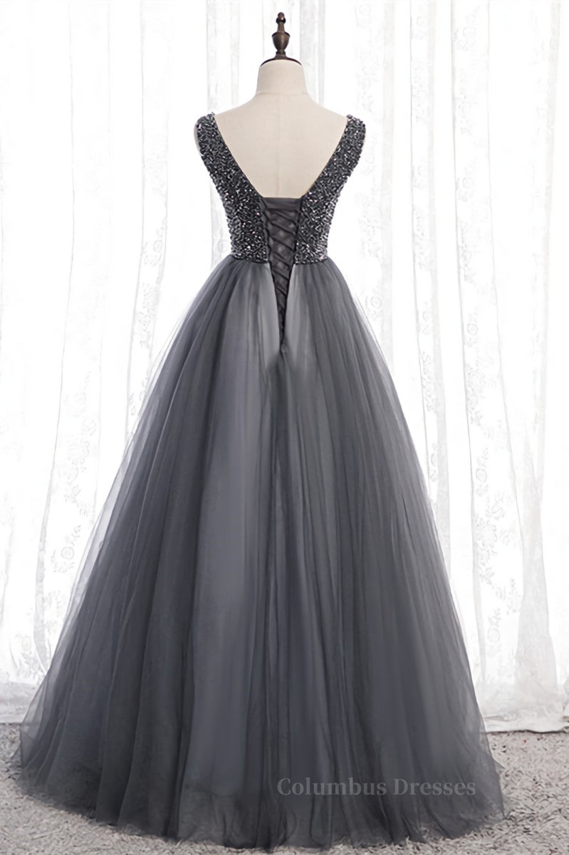 Prom Dress Long Ball Gown, Grey A-line Beaded Top V Neck Tulle Maxi Formal Dress Main image