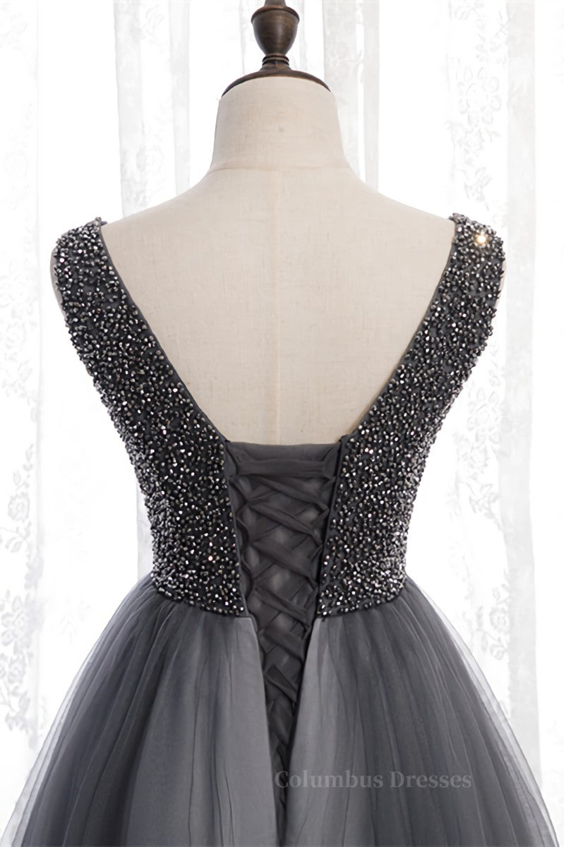 Prom Dresses 2054 Cheap, Grey A-line Beaded Top V Neck Tulle Maxi Formal Dress