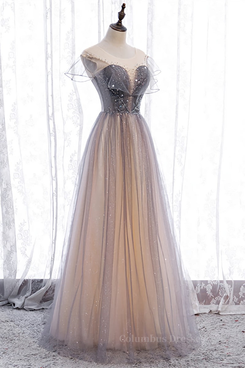 Grey A-line Jewel Beaded Ruffle Lace-Up Maxi Formal Dress Secondary image
